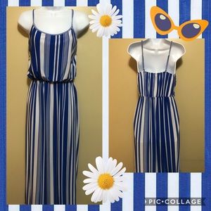 Blue and white striped maxi dress size M